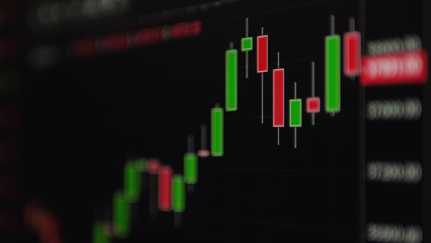 Stock exchange online trading board. Rise and fall of prices of shares. Candlestick currency chart on device screen or PC in close up with a shallow depth of fields. | Shutterstock HD Video #1069970797