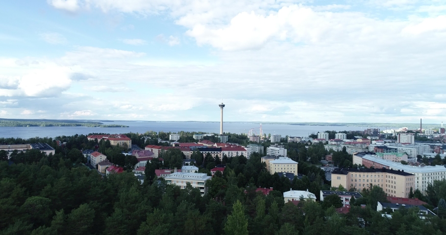 Aerial view of beautiful city Tampere in Finland at summer. Blue sky with clouds.