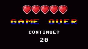 A retro vintage 8 bit game over screen: the request to continue, a countdown to zero; five hearts on the top, one blinking. Black background. - Powered by Shutterstock - Get 15% off with code: PIKWIZARD15