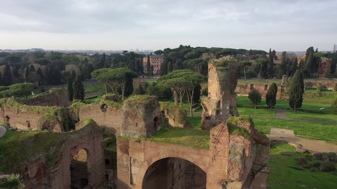 Baths of Caracalla, ancient ruins of roman public thermae. Aerial shot with drone of Ancient Rome.