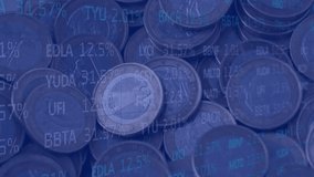 Animation of financial data processing over pile of euro coins. global finance and business concept digitally generated video. - Powered by Shutterstock - Get 15% off with code: PIKWIZARD15