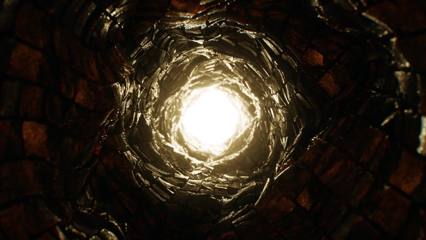 Dark Mystic Stone Tunnel. Light at the end of the round cave. Looped video. Royalty-Free Stock Footage #1069978144
