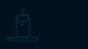 Glowing neon line Burning candle icon isolated on black background. Cylindrical candle stick with burning flame. 4K Video motion graphic animation.