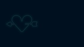 Glowing neon line Amour symbol with heart and arrow icon isolated on black background. Love sign. Valentines symbol. 4K Video motion graphic animation.