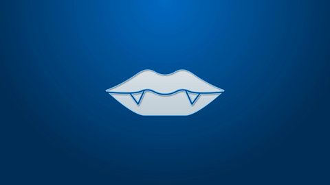 White line Vampire teeth icon isolated on blue background. Happy Halloween party. 4K Video motion graphic animation.