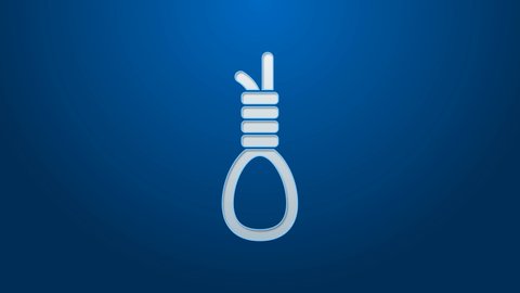 White line Gallows rope loop hanging icon isolated on blue background. Rope tied into noose. Suicide, hanging or lynching. 4K Video motion graphic animation.
