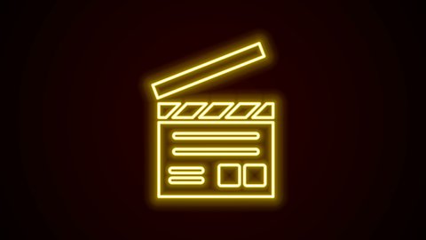 Glowing neon line Movie clapper icon isolated on black background. Film clapper board. Clapperboard sign. Cinema production or media industry. 4K Video motion graphic animation.