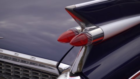 KIYV. UKRAINE - OCT 2019: Vintage black car exterior elements. 1959 Cadillac Eldorado