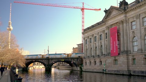 THE BODE MUSEUM ON MUSEUM ISLAND, BERLIN, GERMANY, 16 FEBRUARY 2019, The Television Tower and The River Spree by Museum Island and The Bode Museum, Berlin, Germany, Europe