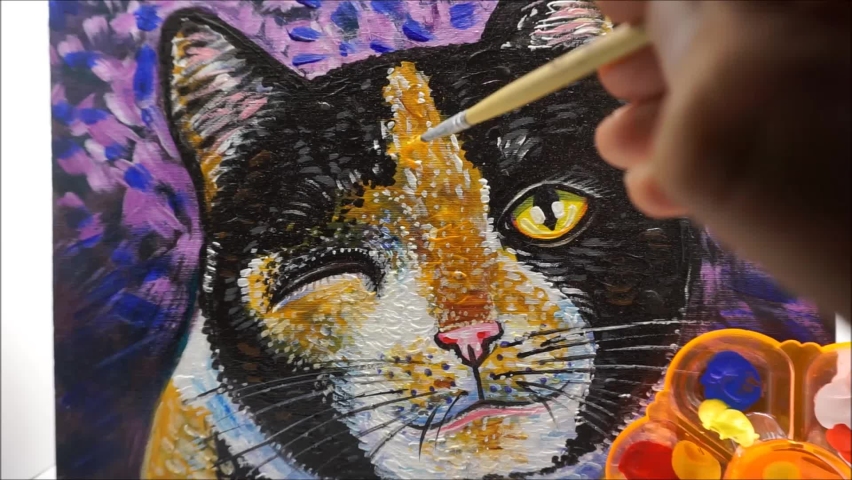 professional artist hand painted original impressionism masterpieces painter contemporary art oil painting drawn equipment for painting hobby activity at home beautiful cute cat and whisker face paintbrush and mixing palette fragment of artwork education gallery of art kitten meaow meowing