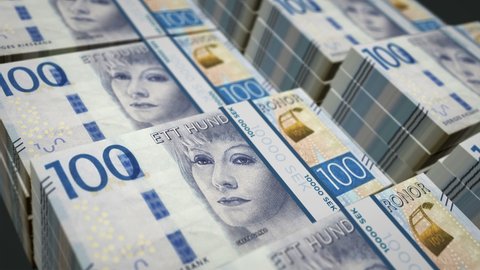 Swedish Krone money pack loop 3d animation. Loopable seamless concept of finance, cash, economy, business and bank in Sweden. Camera moving over the 100 SEK banknote bundle stacks.