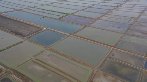 Aerial top view of natural sea salt ponds. Farm field outdoor. Material in traditional industry in Thailand. Asia culture. Agriculture irrigation. River reflection.