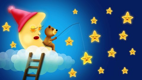 Cute bear, sitting on the moon and catching stars, night stars, night fantasy, loop animation background.