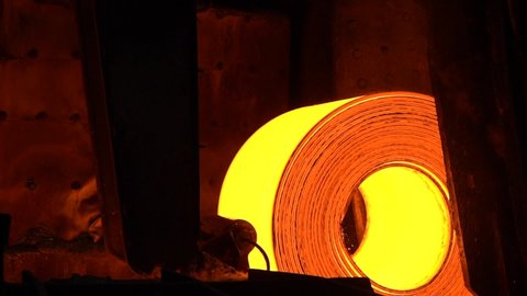 Red hot metal line. Production of rolled metal at a metallurgical factory
