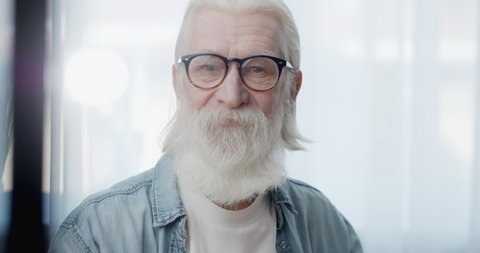 Portrait of Attractive Elderly Man in Eyeglasses looking at Camera at Home. Handsome Old Male with long gray Well-Groomed Beard sitting and posing at Home. Spending time in Retirement. Old People.