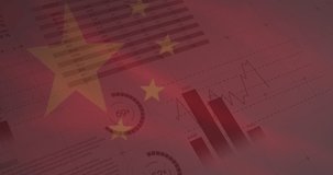 Animation of chinese flag flowing over statistics recording and data processing. global finance and business concept digitally generated video.