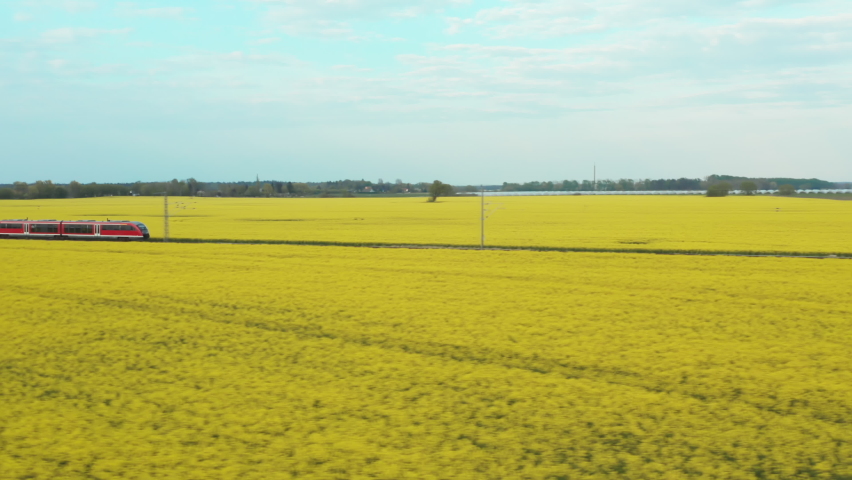 A high-speed red electric train rushes through a blooming field of rapeseed. Ecological transport in front of a source of alternative biofuel. Royalty-Free Stock Footage #1070025301