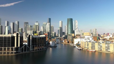 Wide angle Aerial of the Canary Wharf buildings in London