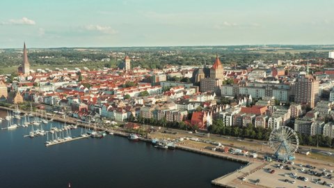 Rostock, Germany - August 2020 . Panoramic aerial view of the city of Rostock in northern Germany Mecklenburg-Vorpommern