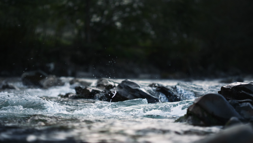 Wild mountain river flowing through stone boulders. Abundant clear stream in carpathians. Cold water splashing near rapids. Small cascade from rocks in national park. Water background concept Royalty-Free Stock Footage #1070039380