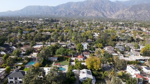 Aerial view above Pasadena neighborhood northeast of downtown Los Angeles, California, USA