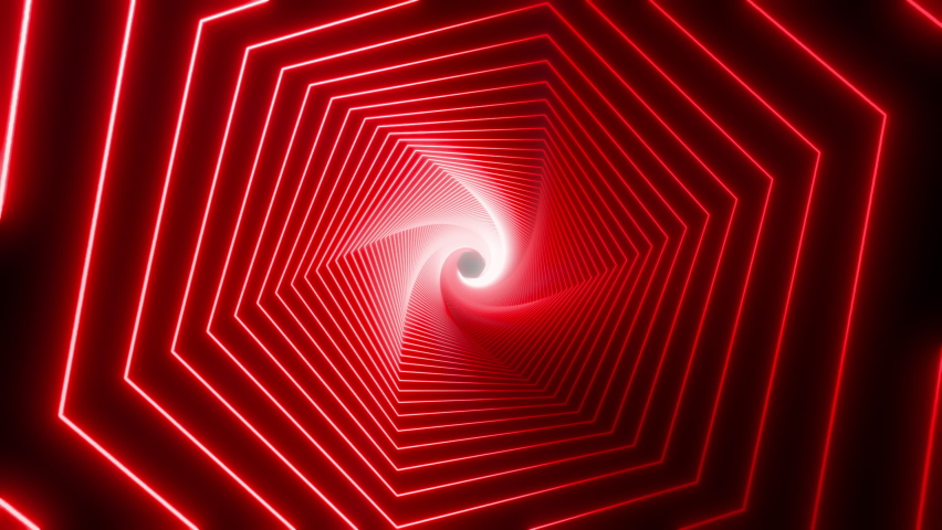 Red glow hexagon tunnel loop. Seamless 4K animation. Abstract motion screen background with animated loop box. Glowing neon frames with bright colors on a black background. 3D rendering