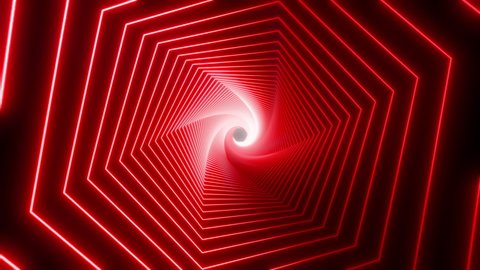red glow hexagon tunnel loop. Seamless 4K animation. Abstract motion screen background with animated loop box. Glowing neon frames with bright colors on a black background. 3D rendering
