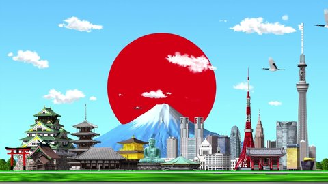 Animation of Japanese landmarks, Mt. Fuji and high-speed rail 