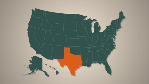 Texas State of USA. Animated map of USA showing state of Texas. Outline map of Texas federal state