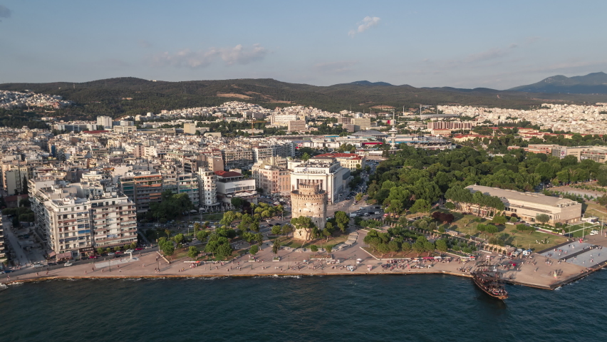 Establishing Aerial View of Thessaloniki, waterfront, Greece, sunny day