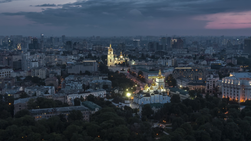 Establishing Aerial View Shot of Kyiv Kiev, Ukraine, at evening night