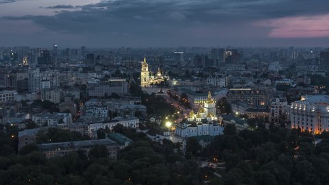 Establishing Aerial View Shot of Kyiv Kiev, Ukraine, at evening night
