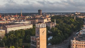 Aerial View Shot of Riga, wide shot of Riga Skyline, Latvia