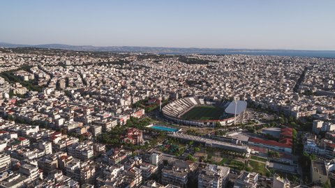 Thessaloniki, Greece - circa 2019 - Establishing Aerial View of Thessaloniki, Toumba Stadium, Greece