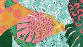 Abstract tropical plants loop. 90s style background. Hand drawn colorful leaves, shapes, scribbles. Monstera, banana palms. Animated painting, digital brush strokes. Fun trendy retro 90's animation. - Powered by Shutterstock - Get 15% off with code: PIKWIZARD15