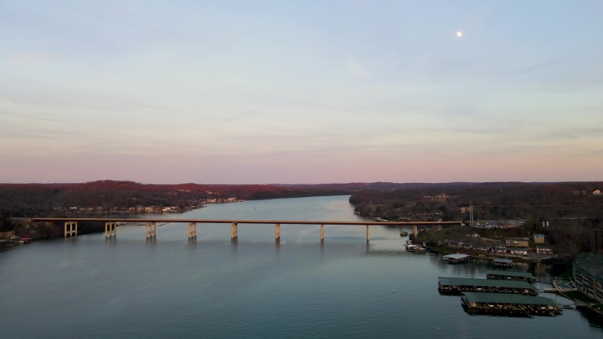 Beautiful Missouri Sunset with Bridge Crossing Lake of the Ozarks, Aerial