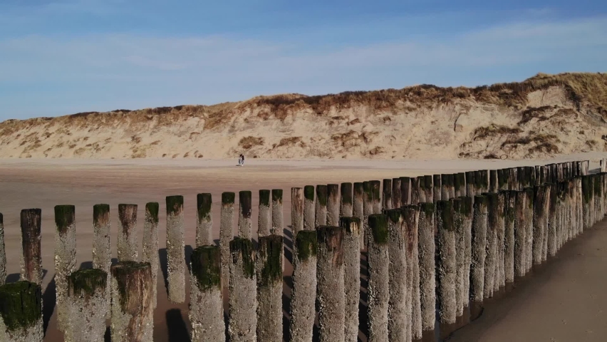 Mossy Wooden Pilings Standing On Sandy Shore With People Walking During Summer In Brouwersdam, Netherlands. - Pullback Shot