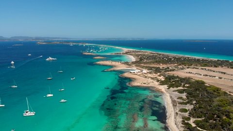 Drone video of the blue mediterranean landscape above Formentera.