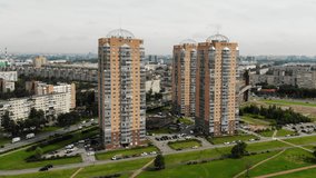 High-rise residential buildings in St. Petersburg. Drone video.