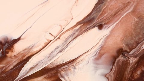 Fluid art painting video, abstract acrylic texture with flowing effect. Liquid paint mixing backdrop with splash and swirl. Detailed background motion with brown, beige and white overflowing colors.