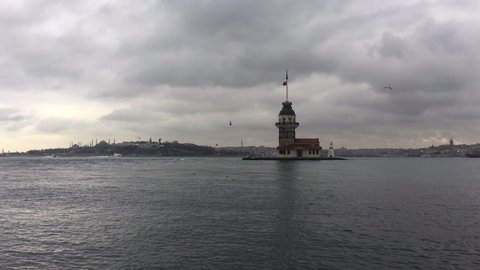 Istanbul, Turkey, 25.02.2021, 4K time-lapse of historical Maiden's Tower and Istanbul Bosphorus in Turkey. Cloudy day in Istanbul