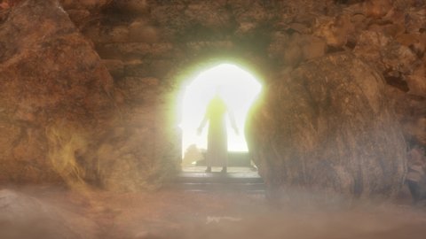 tomb of Jesus with crosses in the background. Easter or Resurrection concept render 3d