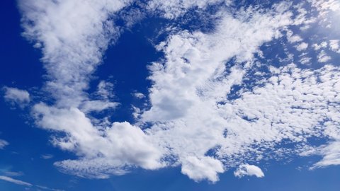Timelapse footage of cloud, Cumulus clouds drifting at the foreground while Altocumulus clouds covering and drifting at high altitude, Blue sky background, Cloudscape, Japan.