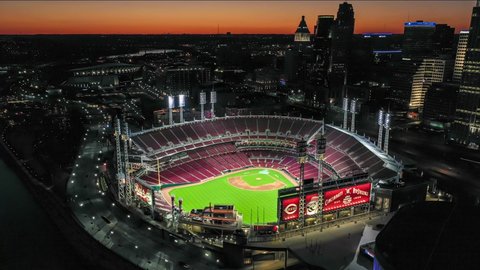 Cincinnati, OH, USA,  Mar 29, 2021, 4k Baseball Stadium Cincinnati Reds Hyperlapse Drone Aerial Sunset