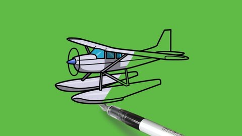 Drawing an old water plane with colour combination on abstract green background
