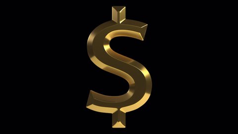 USD US Dollar Rotating Sign. Gold symbol on a transparent background. 360 degree rotation. Looped video.