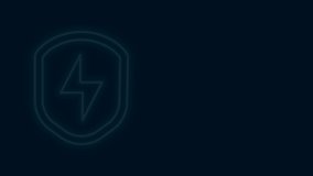 Glowing neon line Secure shield with lightning icon isolated on black background. Security, safety, protection, privacy concept. 4K Video motion graphic animation.