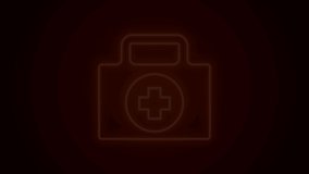 Glowing neon line First aid kit icon isolated on black background. Medical box with cross. Medical equipment for emergency. Healthcare concept. 4K Video motion graphic animation.