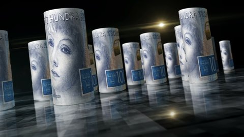 Swedish Krone rolls loop 3d animation. Money on the table. Camera between SEK rolled banknotes. Seamless and loopable abstract concept of economy, finance, cash and business in Sweden.