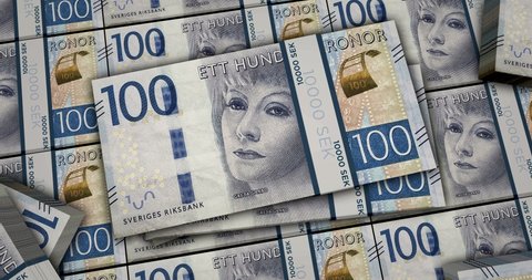 Swedish Krone banknotes 3d animation. Camera view from close to long distance. SEK Crown money packs. Concept of inflation, economy, crisis, business, success, banking, debt and finance in Sweden.